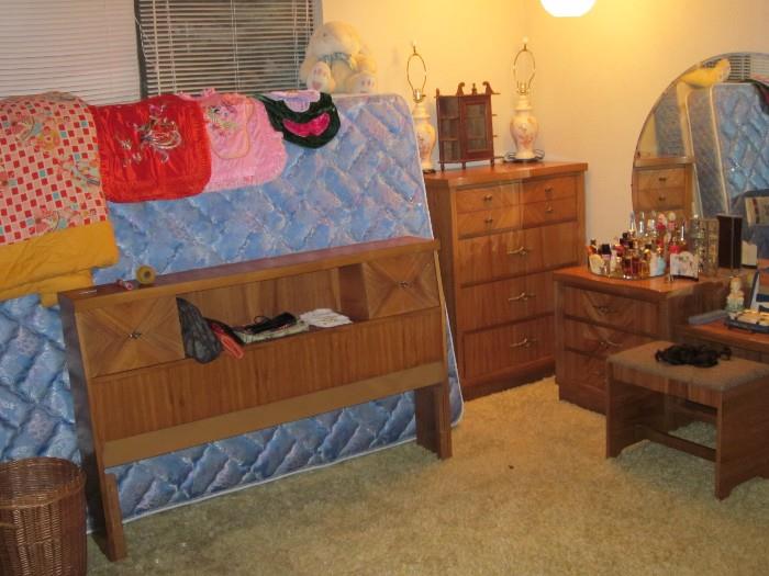 50's Style Bedroom Set (Queen Headboard, Mattress, Highboy, Vanity with stool)