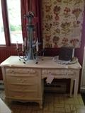 Wonderful painted dresser- desk with great character! Shabby chic piece, could be used in any room! The chandelier is all original with toll type iron flowers adorning the whole lamp..very intricate detailing and what a find!