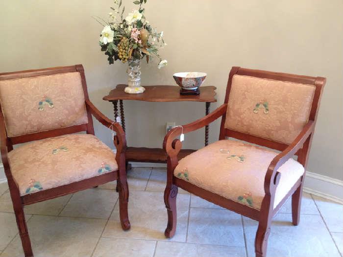 pair of Drexel chairs with embroidered birds