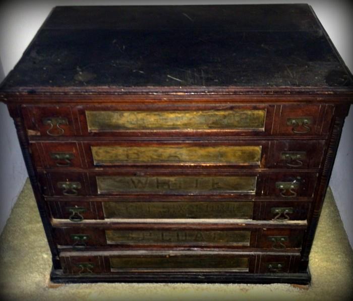 Rare Antique Original J.P. Coats Six Drawer Spool Cabinet. Unique hardware and aged to perfection! This eye-catching cabinet would make a great addition to your collection!  Great side or display table chest!