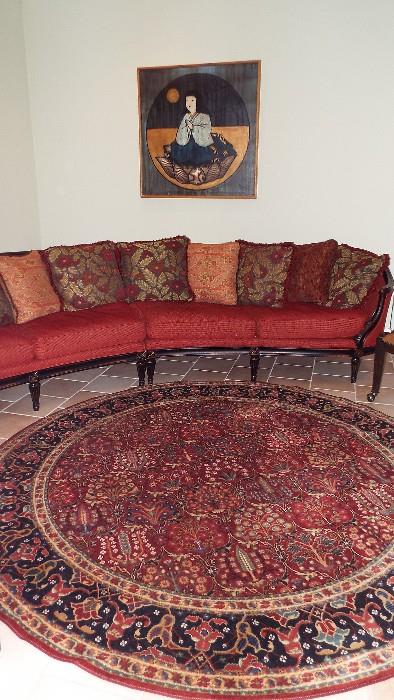 VANGUARD Gorgeous Designer Two Piece Curved Sofa with Red Tapestry-Like Fabric-Gorgeous and Highly Desirable Round Oriental Rug