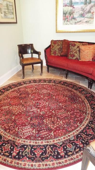 Gorgeous Designer Two Piece Curved Sofa with Red Tapestry-Like Fabric-Gorgeous and Highly Desirable Round Oriental Rug