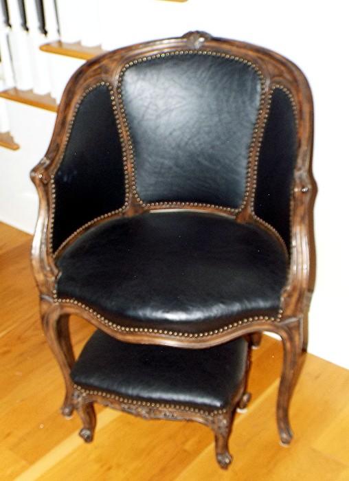 Black Leather Bergere Chair and Ottoman