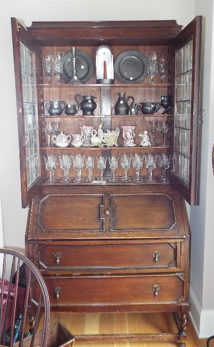 ANTIQUE SECRETARY WITH CRYSTAL, PEWTER AND ANTIQUE HANDPAINTED PORCELAIN