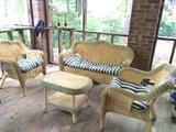 Wicker settee, with matching side chairs and table (yellow and green)