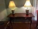 Asian floral porcelain lamps, matching pair; traditional desk with matching side and TV tables