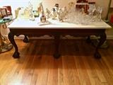 Marble and wooden claw foot coffee tables (2), crystal and porcelain Christmas decor
