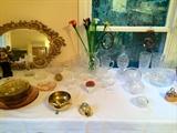 Extensive collection of crystal serving and accent ware, Syroco gold mirrors