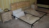French Provincial King Size Bed with Padded Headboard and Two Matching Nightstands