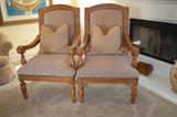 2 Living room chairs carved wood with taupe suede seats