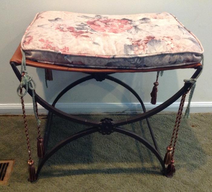 Wrought Iron and Leather Seat with Pad Stool