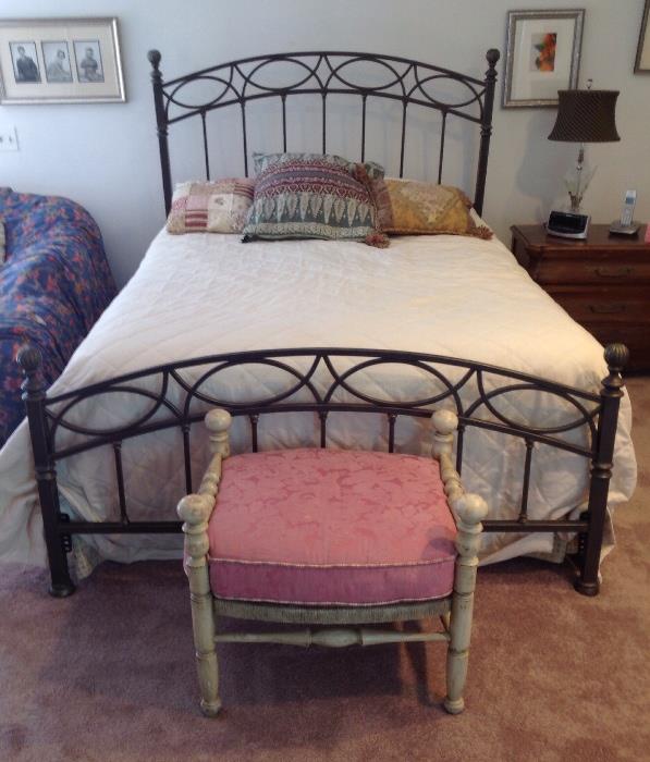 Queen Size Wrought Iron Bed with Small Ottoman at foot