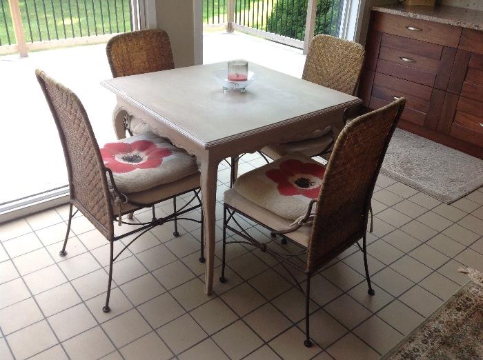 34" Square Breakfast Table with 4 Wrought Iron and Rattan Chairs