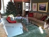 Ethan Allen 85" couch, green love seat, aqua oriental Kerman rug 10.5x19, beveled glass and metal coffee table