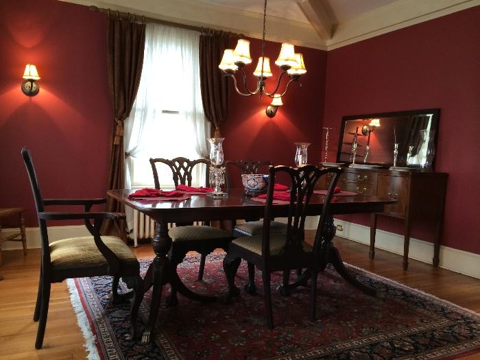 80" mahogany dining table, large sideboard, red & blue oriental rug 8x8.