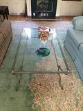 Beveled-glass, metal-base coffee table; aqua Kerman oriental rug 10.5x19