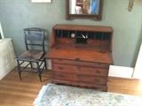 Chippendale antique maple drop leaf desk - 4 drawers; antique side chair, old paint, woven seat