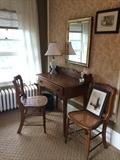 Maple dressing table and vintage caned side chairs; gold leafed mirror; Waterford base lamp