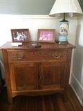 Antique oak wash stand; painted vintage lamp