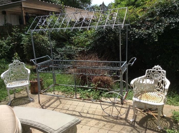 Antique iron chairs, cart