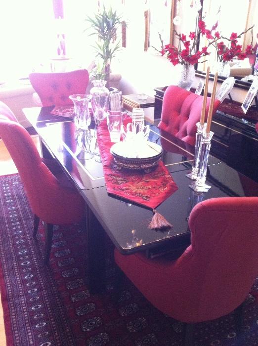 Black Laquer Modern European Dining Room Table, Four Chairs Custom Upholstery and Matching Sideboard