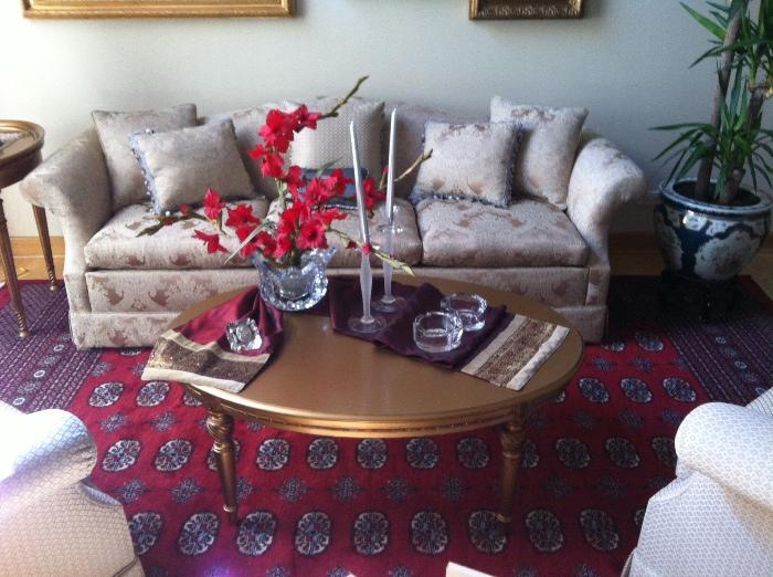 Gold Leaf Coffee Table, Traditional Sofa, Matching Chairs and End Tables