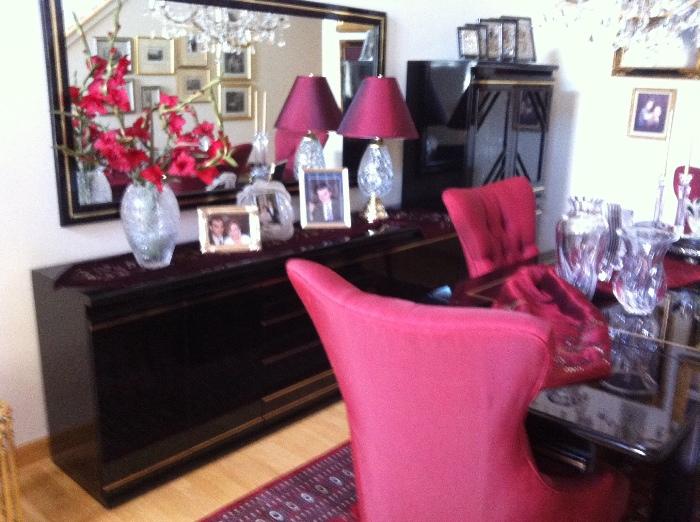 Dining Room Set, Rug, Mirror, Crystal Vases and Floral Arrangements