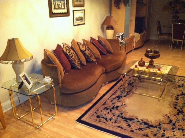 Plush Velvet Custom upholstered Sofa, Loveseat, Custom Pillows, Brass and Glass End Tables, Coffee Tables, Lamps, and Decor