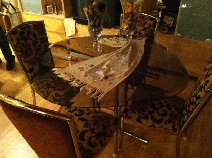 Dinette Set, Smoked Glass Top Table with 4 Matching Custom Upholstered Chairs