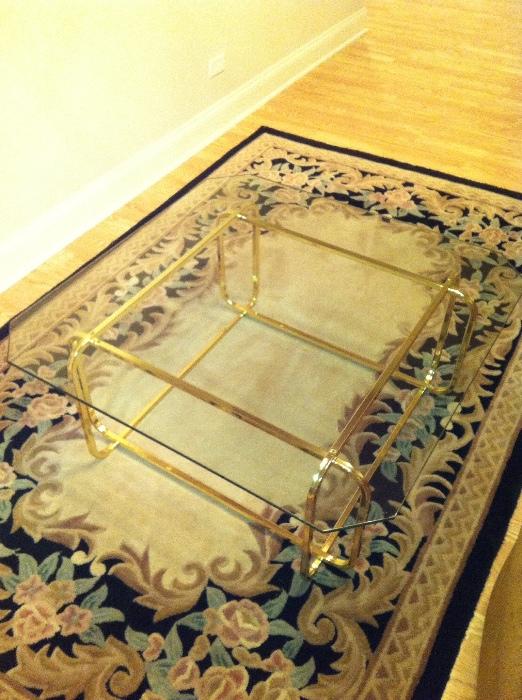 Area Rug, Brass and Glass Coffee Table