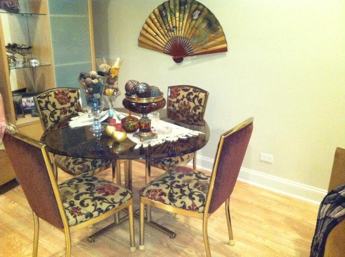 Custom Upholstered Dinette Set with Four Matching Chairs and Smoked Glass and Brass Table
