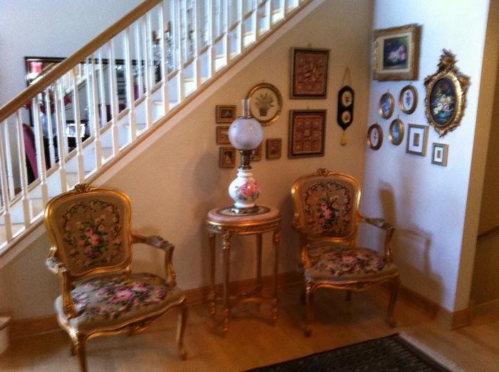 Gold Leaf Custom Needlepoint upholstered Antique Chairs and Side Table