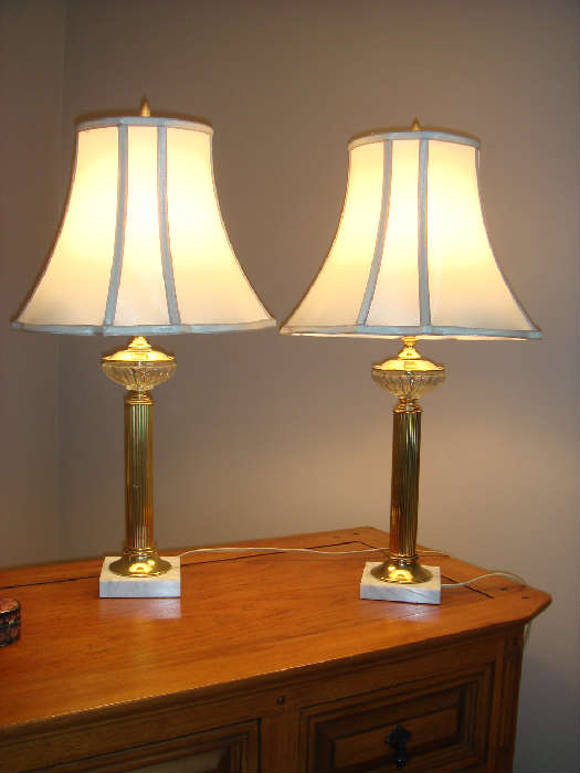 2 Beautiful Marble Base Brass and Crystal Lamps