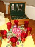 Flatware and Cranberry Wine Glasses