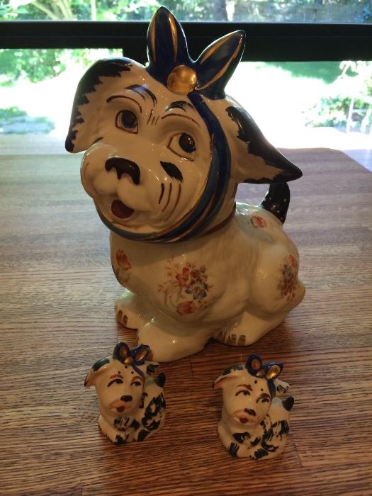 Muggsy patented USA dog cookie jar and puppies salt and pepper shakers