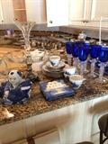   Assortment of blue/white items; beautiful blue stemware