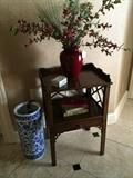 Blue & white umbrella holder; Chippendale side table;