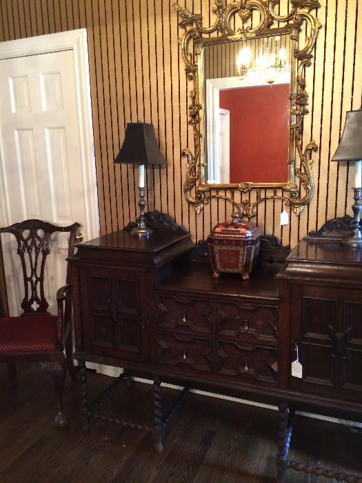 Chippendale chair; antique barley twist buffet; ornate mirror; lamps