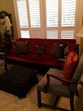 Antique day bed; 2 matching chairs; ottoman; decorative pillows