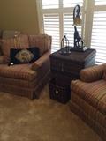     Pair of club chairs; wicker chest; monkey lamp