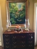                   Lovely chest; koi pond framed art
