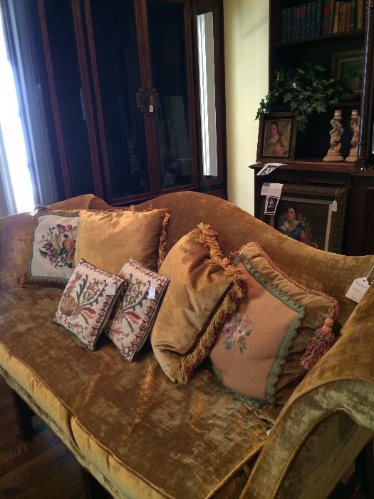                   Great gold sofa; decorative pillows
