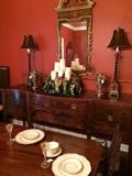 Outstanding antique sideboard; barley twist lamps;  brass urns; lovely mirror