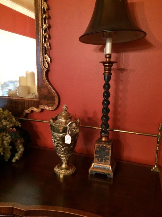 One of two Barley twist lamps; one of two brass urns