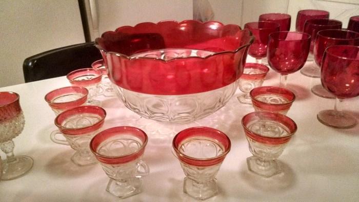  **RARE** RUBY RED / GLASS PUNCH BOWL SET W/ GLASSES 
