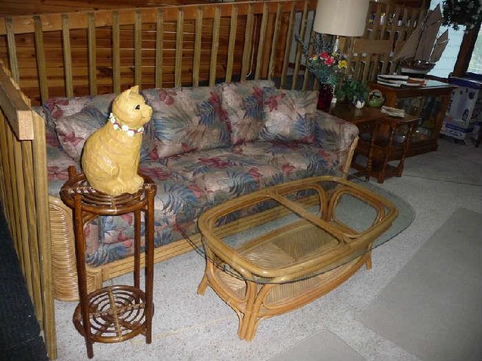 Rattan set / end tables in the basement