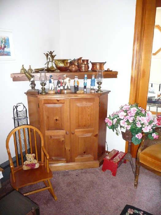 small corner cabinet ,rocker , copper craft