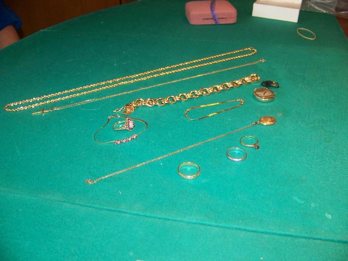 Heavy Gold Chain Bracelet; several 14K gold rings and chains also Sterling Silver pieces