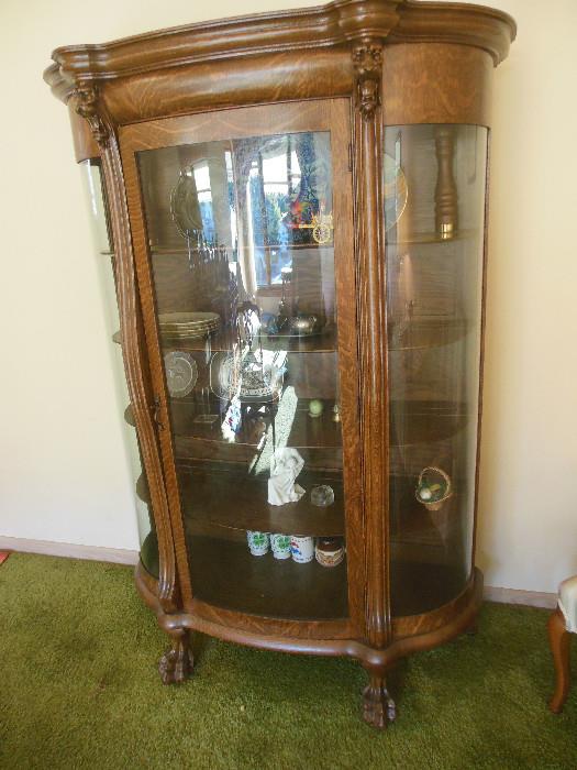 Vintage Oak Curio Cabinet, Claw Foot. Curved Glass