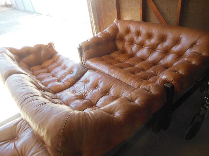 Funky Town Brown Family Tufted Vinyl Sofa matching Love Seat, Has ottoman.Wood Frame
